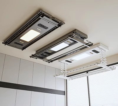 Ceiling Mounted Clothes Hanger with Lighting in Modern Interior Space Near Windows 3d model
