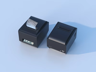 Two Black Household Printers With Receipt Paper On Light Blue Background 3d model