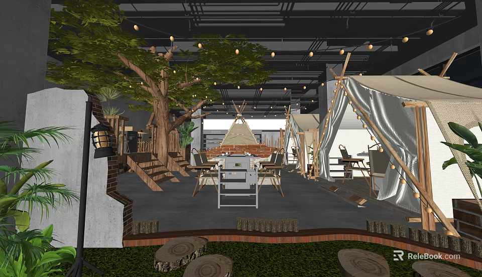 Outdoor Style Hotpot Restaurant with Tent Seating Tree Decor and Wooden Furniture Hanging Lights 3d model 