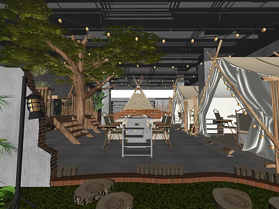 Outdoor Style Hotpot Restaurant with Tent Seating Tree Decor and Wooden Furniture Hanging Lights 3d model
