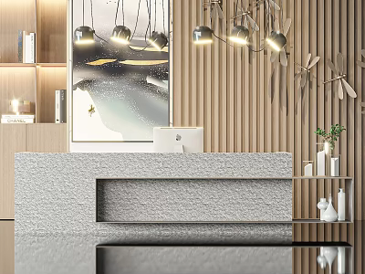 Elegant Modern Reception Desk With Wooden Wall Pendant Lights And Green Decorations 3d model