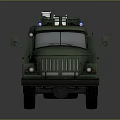 Green Military Off Road Truck with Roof Ladder Rack Blue Warning Light and Large Tires