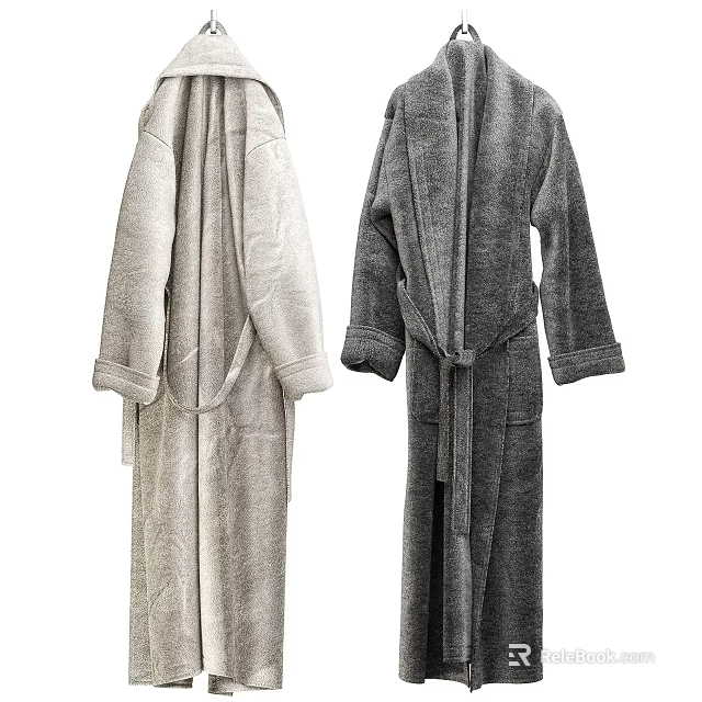 Cozy Light Gray and Dark Gray Bathrobes with Soft Fabric and Tie Waist Design 3d model 