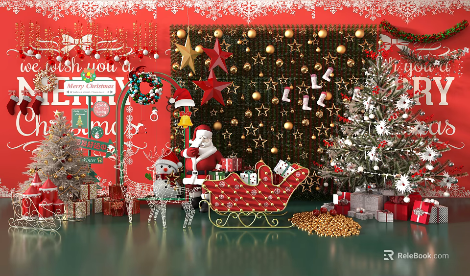 Christmas Floral Display with Red Background Golden Ornaments Santa Sleigh Gift Boxes and Christmas Tree 3d model 