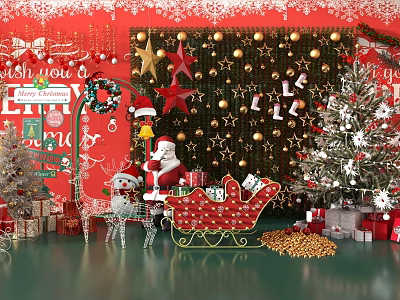 Christmas Floral Display with Red Background Golden Ornaments Santa Sleigh Gift Boxes and Christmas Tree 3d model