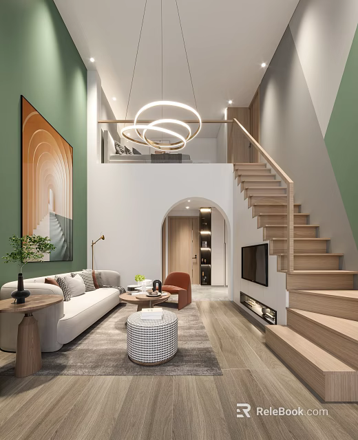 Modern Loft Apartment Living Room With Staircase Sofa Chandelier Wall Art And Green Plant 3d model 
