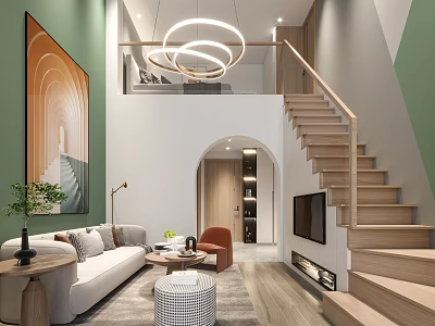 Modern Loft Apartment Living Room With Staircase Sofa Chandelier Wall Art And Green Plant 3d model