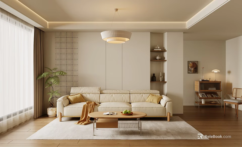 Cozy Living Room Interior With Beige Sofa Wooden Coffee Table Green Plant And Decorative Painting 3d model 