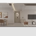 Soft Cream Tone Modern Open Dining And Living Room Interior Design With Warm Ambient Lighting