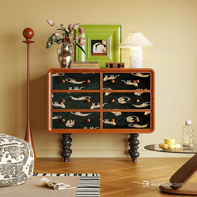 Vintage Entryway Side Cabinet With Patterned Drawers Table Lamp And Vase 3d model 