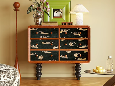 Vintage Entryway Side Cabinet With Patterned Drawers Table Lamp And Vase 3d model