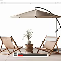 Beige Wooden Folding Outdoor Chairs With Side Table Vase And Cantilever Umbrella