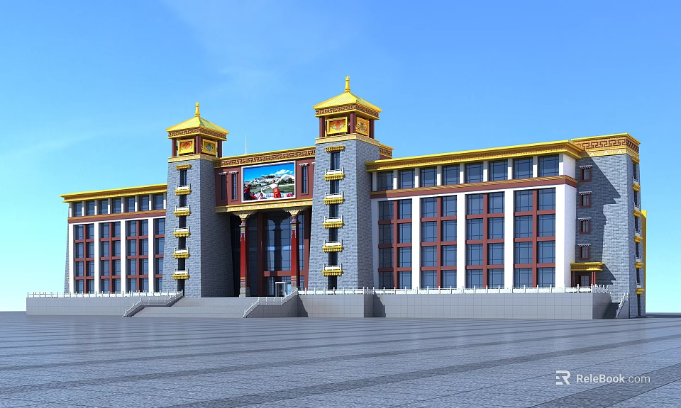 Traditional Building Exterior With Golden Roof Decorations Red Window Frames Gray Walls and Central Mural 3d model 