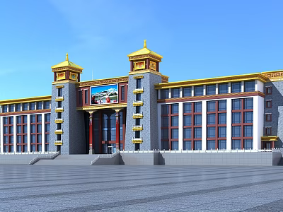 Traditional Building Exterior With Golden Roof Decorations Red Window Frames Gray Walls and Central Mural 3d model