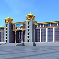 Traditional Building Exterior With Golden Roof Decorations Red Window Frames Gray Walls and Central Mural