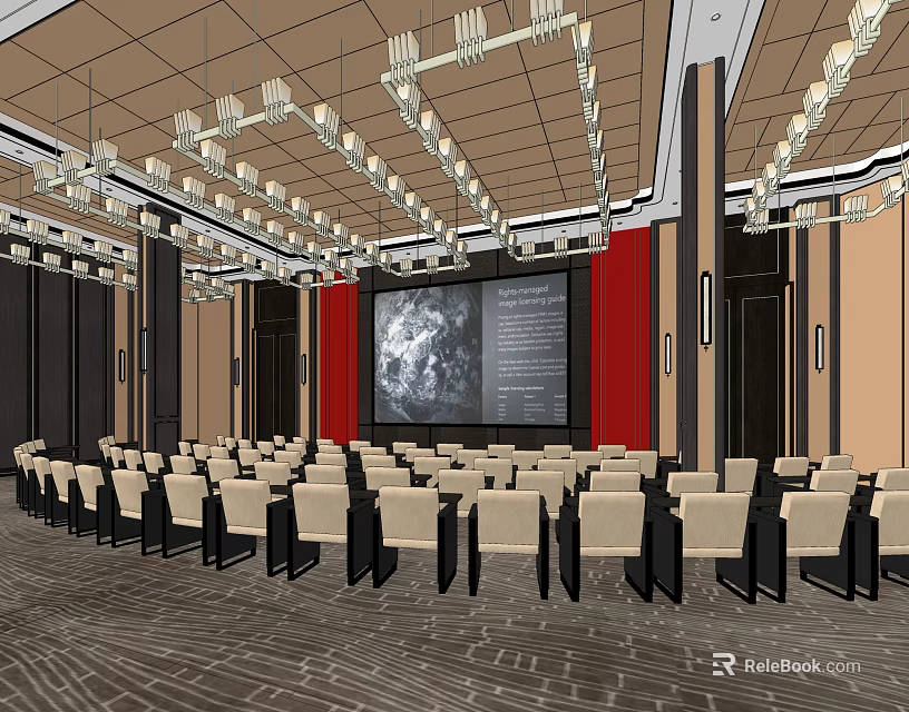 Spacious Conference Room Interior With Rows Of Seats Large Screen And Chandeliers 3d model 