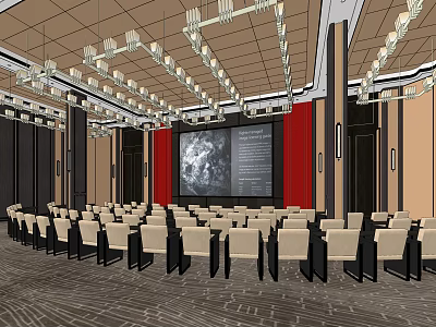 Spacious Conference Room Interior With Rows Of Seats Large Screen And Chandeliers 3d model