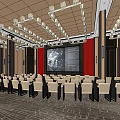 Spacious Conference Room Interior With Rows Of Seats Large Screen And Chandeliers
