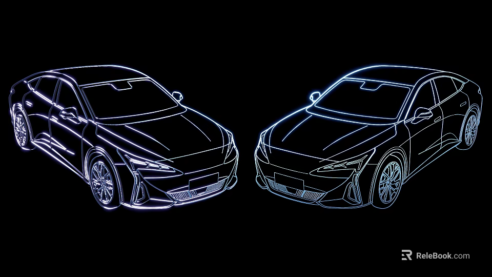Two Modern Car Line Drawings With Digital Outline Design On Black Background 3d model 