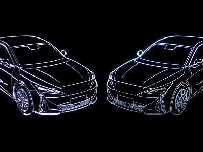 Two Modern Car Line Drawings With Digital Outline Design On Black Background 3d model