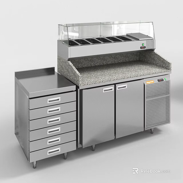 Stainless Steel Commercial Display Cabinet With Granite Countertop Drawers And Refrigerated Storage 3d model 