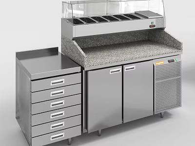 Stainless Steel Commercial Display Cabinet With Granite Countertop Drawers And Refrigerated Storage 3d model