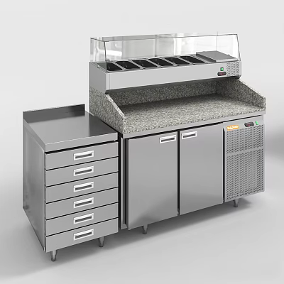 Stainless Steel Commercial Display Cabinet With Granite Countertop Drawers And Refrigerated Storage 3d model