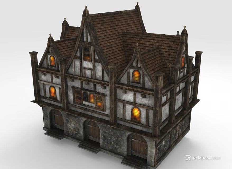 Two Story Medieval Timber Frame Building With Gabled Roof And Lit Windows 3d model 