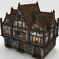 Two Story Medieval Timber Frame Building With Gabled Roof And Lit Windows