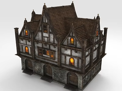 Two Story Medieval Timber Frame Building With Gabled Roof And Lit Windows 3d model