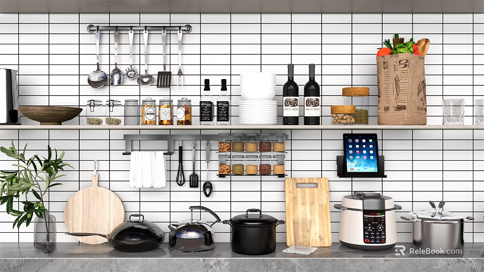 Hanging Kitchen Utensils and Cookware with Spice Jars Wooden Cutting Boards on White Grid Wall 3d model 