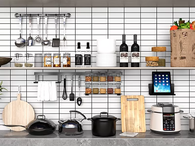 Hanging Kitchen Utensils and Cookware with Spice Jars Wooden Cutting Boards on White Grid Wall 3d model
