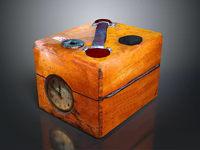 Vintage Wooden Box With Circular Holes Metal Parts And Clock Design 3d model