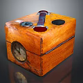 Vintage Wooden Box With Circular Holes Metal Parts And Clock Design