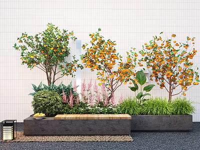 Vibrant Plant Combination with Orange Fruit Trees Green Foliage Pink Flowers and Gray Planters 3d model