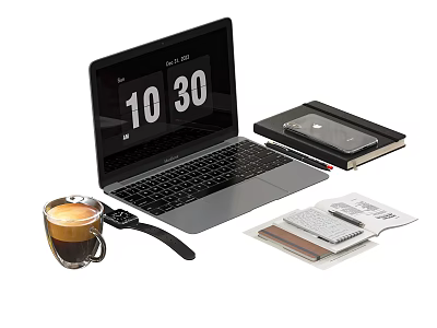 Contemporary Laptop With Notebook Smartphone Coffee Cup Watch And Calculator On Desk 3d model