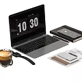 Contemporary Laptop With Notebook Smartphone Coffee Cup Watch And Calculator On Desk