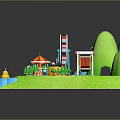 Vibrant Cartoon Scene Featuring Ferris Wheel Carousel Panda Boat Tent Trees And Green Mountains