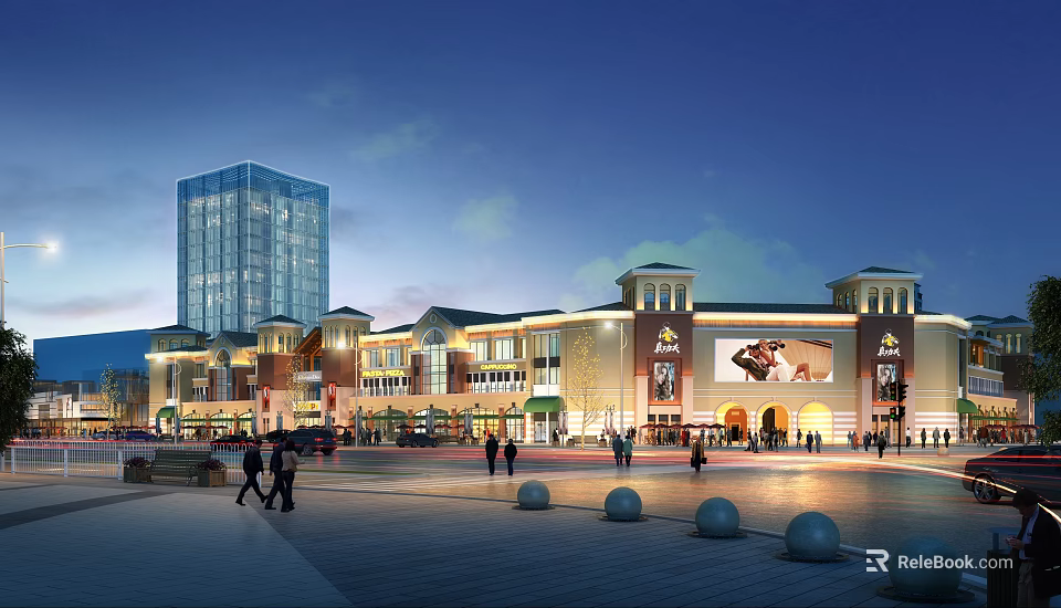 Modern Commercial Street Plaza With Illuminated Buildings Pedestrians Shops And Lights 3d model 