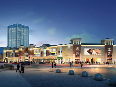 Modern Commercial Street Plaza With Illuminated Buildings Pedestrians Shops And Lights 3d model
