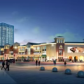 Modern Commercial Street Plaza With Illuminated Buildings Pedestrians Shops And Lights