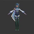 Game and Movie Character With Purple Hair Blue White Outfit Flowing Sash and Long Stockings