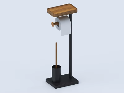 Toilet Paper Holder Stand With Wooden Top And Black Metal Frame And Toilet Brush Holder 3d model