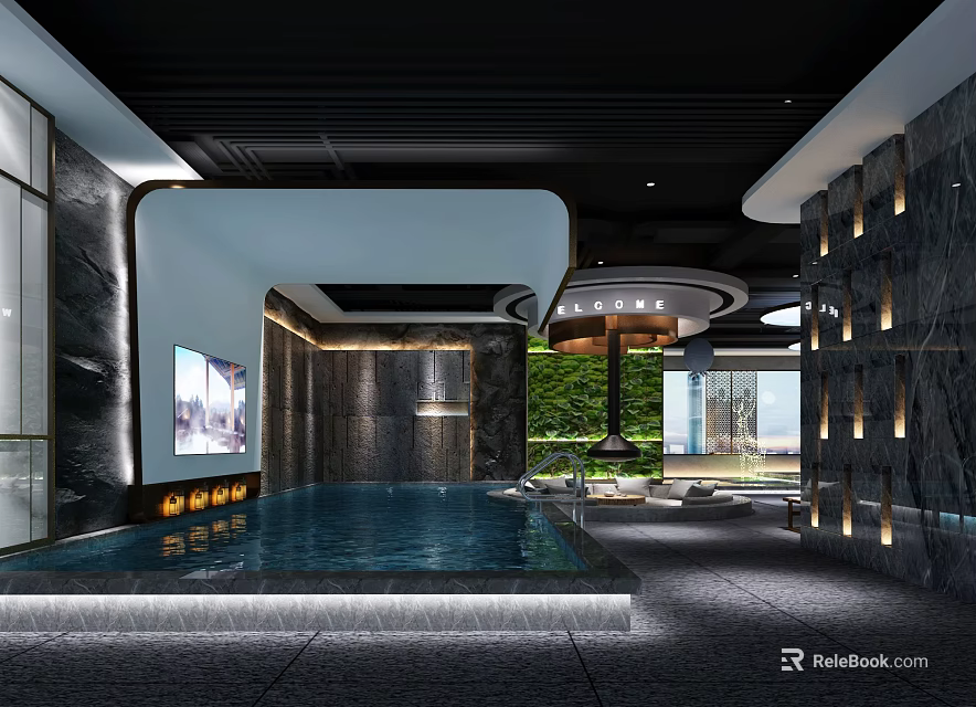 Modern SPA Sauna Interior With Indoor Pool Marble Walls Green Plants And Comfortable Seating 3d model 