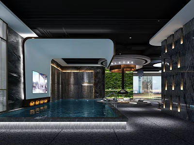 Modern SPA Sauna Interior With Indoor Pool Marble Walls Green Plants And Comfortable Seating 3d model