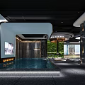 Modern SPA Sauna Interior With Indoor Pool Marble Walls Green Plants And Comfortable Seating