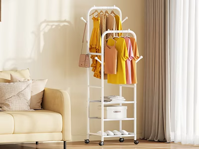 White Rolling Clothes Rack With Hanging Dresses Handbag Drawer And Shoes In Living Room 3d model
