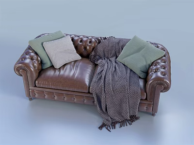 Brown Leather Double Sofa With Tufted Design Light Green Beige Pillows And Gray Throw Blanket 3d model