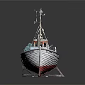 White and Red Fishing Boat with Masts and Cabin for Water Transport