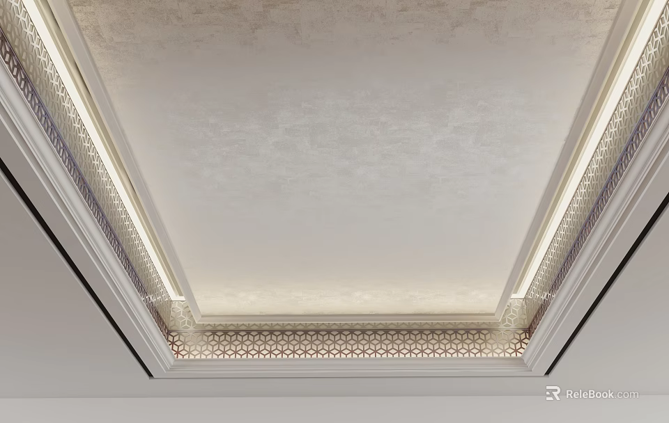 Elegant Ceiling Design With Decorative Border Recessed Lighting And Textured Surface 3d model 